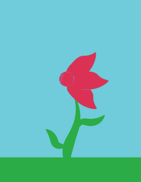 a pink flower with a yellow center and green stem against a blue sky