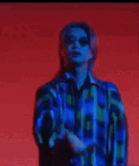 a man in a blue and green plaid shirt is standing in front of a red wall .