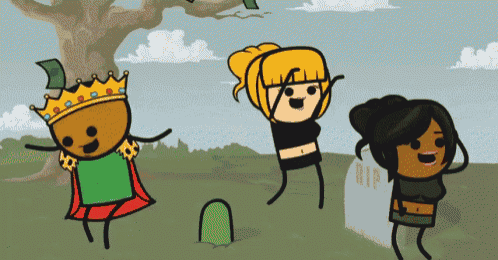 a cartoon of a man wearing a crown and a green cape dancing