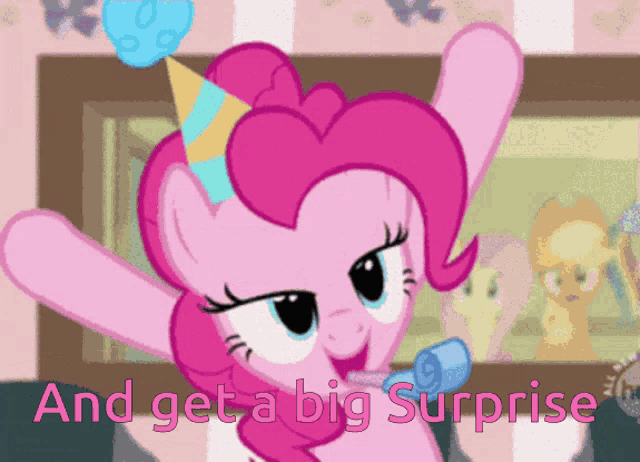 a pink pony is blowing a party horn and the words " and get a big surprise " are next to it