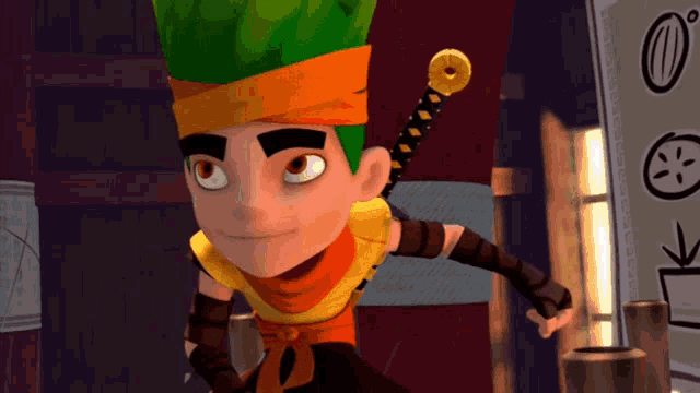 a cartoon character with green hair and a sword in his hand