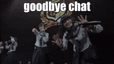 two girls singing into microphones with the words " goodbye chat " above them
