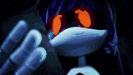 a cartoon character with purple hair and red eyes is holding a cell phone in a dark room .