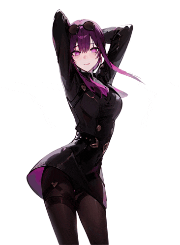 a girl with purple hair wearing sunglasses and a black dress