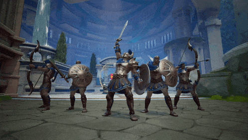 a group of warriors with shields and swords are standing in a room