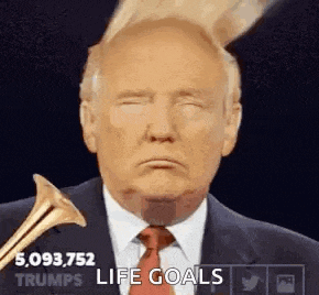 donald trump is wearing a suit and tie and holding a trumpet .