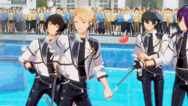 a group of anime characters stand in front of a crowd