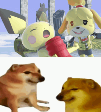 a picture of a dog next to two cartoon characters