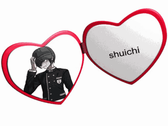 two heart shaped mirrors with shuichi written on one of them