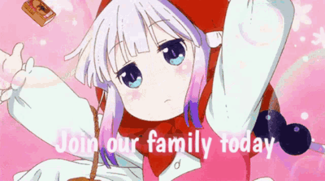 a girl in a red hood with the words join our family today on the bottom