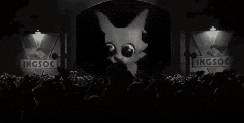 a crowd of people are watching a black and white video of a cat .