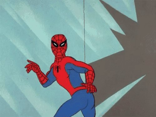 a cartoon of spider-man standing in front of a wall with a lightning bolt behind him .