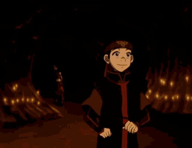 a cartoon character is standing in a dark room
