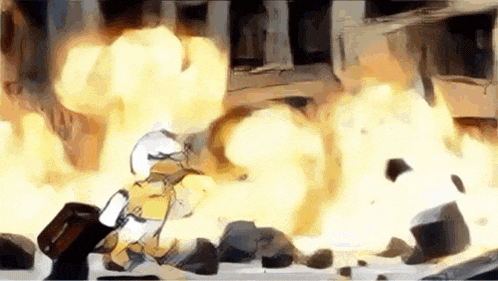 a cartoon character is standing in front of a large fire .