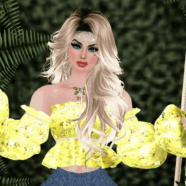 a woman with blonde hair wearing a yellow top and blue eyes
