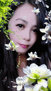 a close up of a woman 's face with flowers in the background