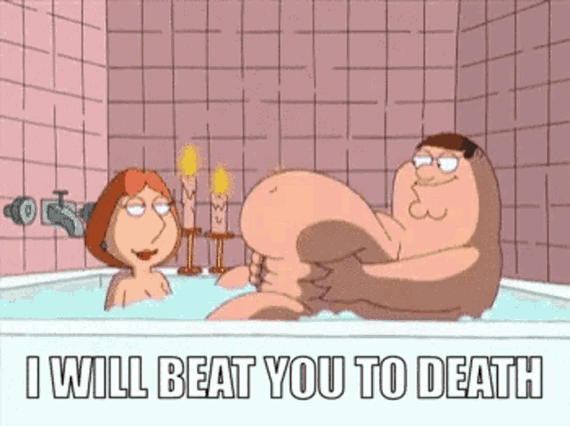 a cartoon of a man and woman in a bathtub with the words i will beat you to death