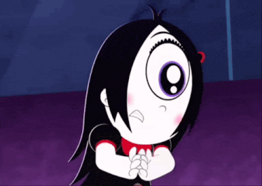 a cartoon drawing of a girl with black hair and red buttons