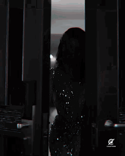 a woman in a dress is standing in a hallway with the word chapters on the bottom