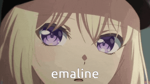 a close up of a blonde anime girl with purple eyes and the word emaline on the bottom