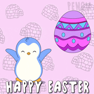 a happy easter greeting card with a penguin and an egg