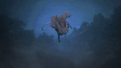 a girl with pink hair is flying through the air with a sword in her hand