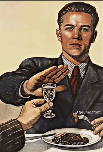 a painting of a man refusing a glass of wine from another man