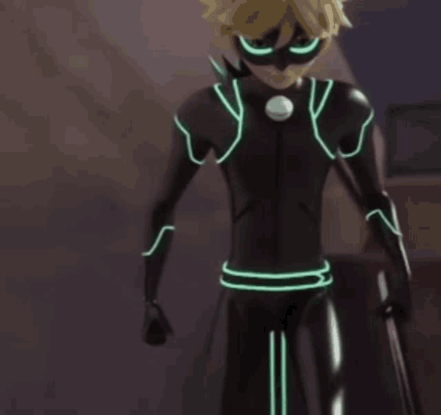 a cartoon character is wearing a black suit with neon green stripes
