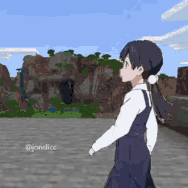 a girl is walking in a video game with a mountain in the background .