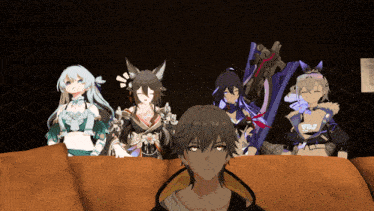 a group of anime characters are sitting on a couch and one of them is wearing a shirt that says yao