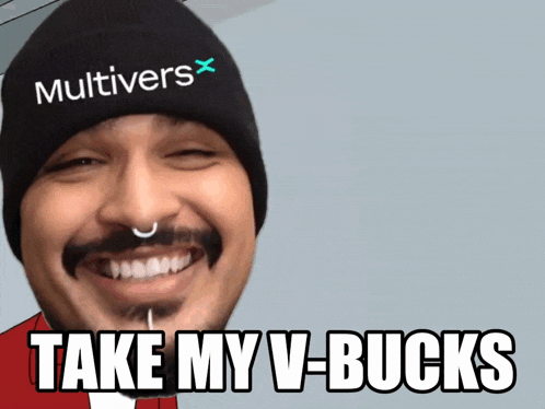 a man wearing a beanie that says multivers x on it