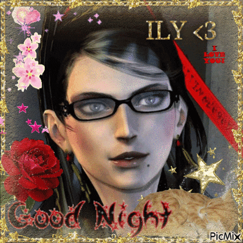 a picture of a woman with glasses says good night on it