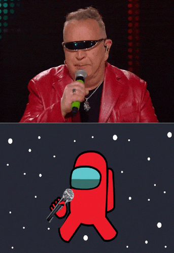 a man in a red jacket singing into a microphone next to a red among us character holding a microphone