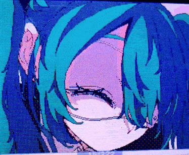 a pixelated drawing of a girl with blue hair