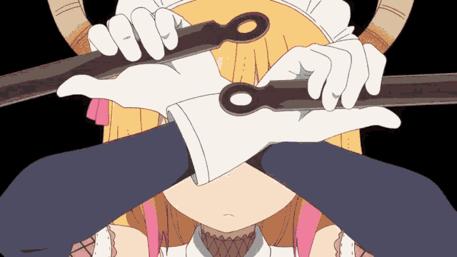 a girl with horns is holding a pair of scissors in her hands