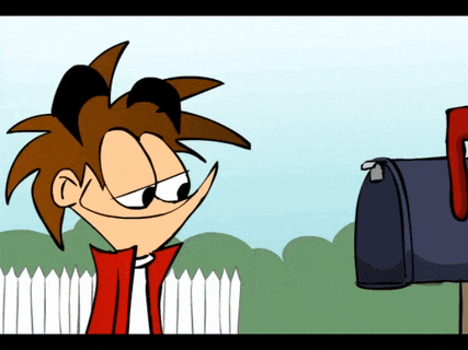 a cartoon character standing next to a mailbox with a red handle