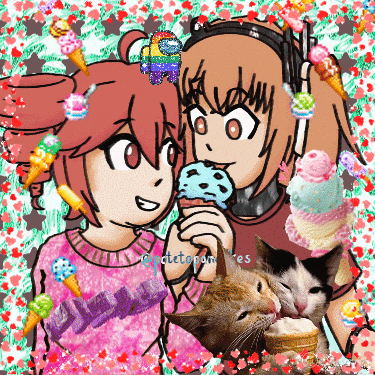 a cartoon of a girl eating ice cream next to a cat with a rainbow on her head