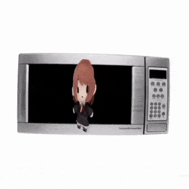 a silver microwave with a stuffed girl on the screen