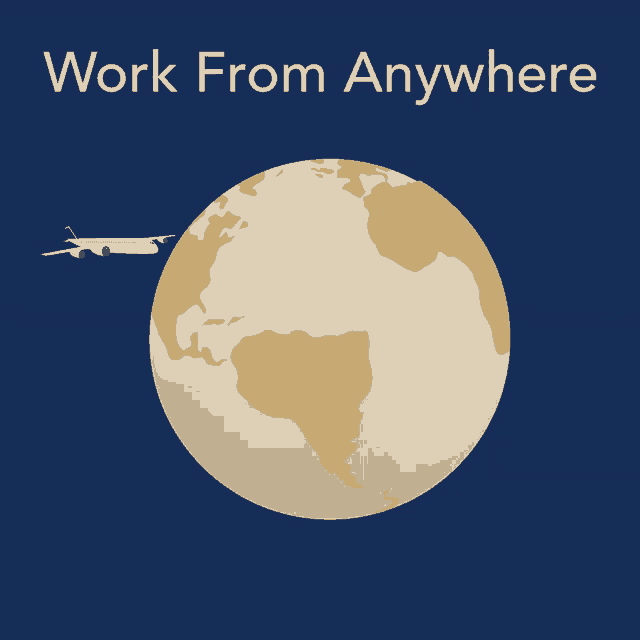 a plane is flying around the earth with the words work from anywhere below it