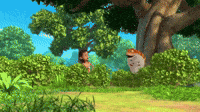 a cartoon of a man and a frog in a forest