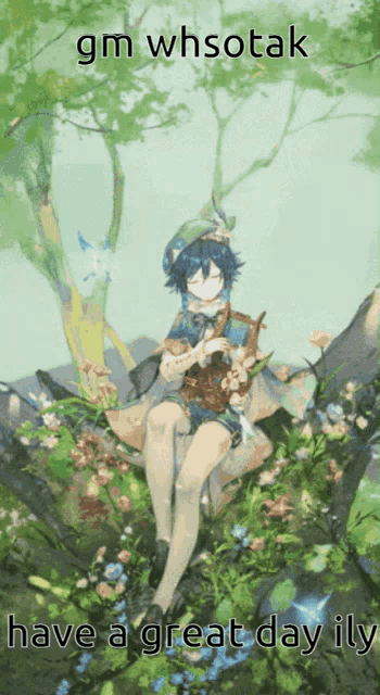 gm whsotak have a great day ily is written on a picture of a girl sitting on a tree branch