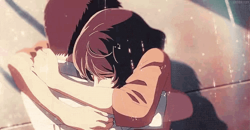 a boy and a girl are hugging each other in a anime scene .