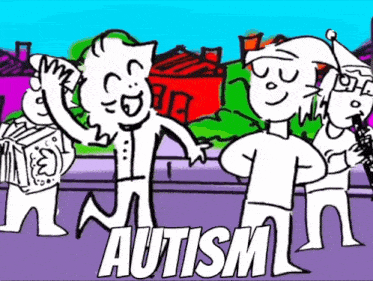 a group of cartoon characters are standing next to each other and the word autism is on the bottom