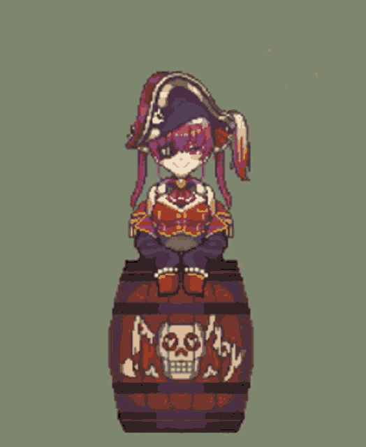 a pixel art of a girl in a pirate outfit sitting on a barrel