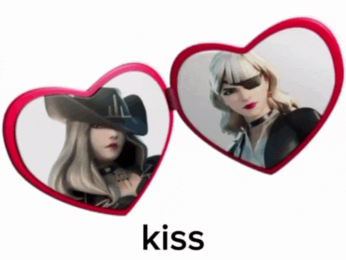 a heart shaped mirror with a picture of a woman and the word kiss on the bottom