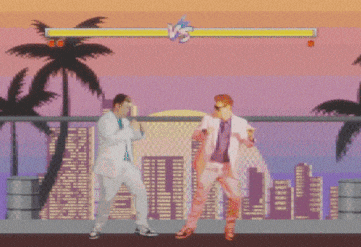 two men are dancing in front of palm trees in a video game with the letters vs on the top