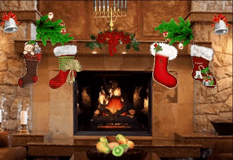 christmas stockings hanging from a fireplace with one that says ' feliz navidad ' on it