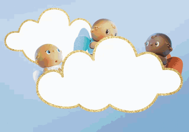 three angels are sitting on a cloud with a white border