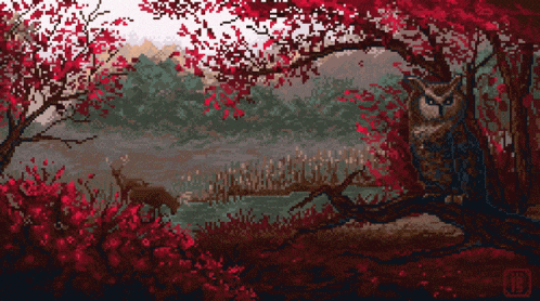 a pixel art of an owl and deer in a forest