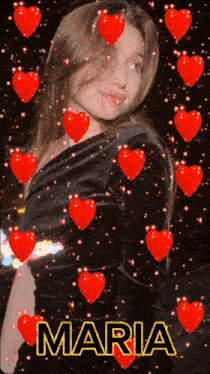 a woman in a black dress is surrounded by hearts and the name maria